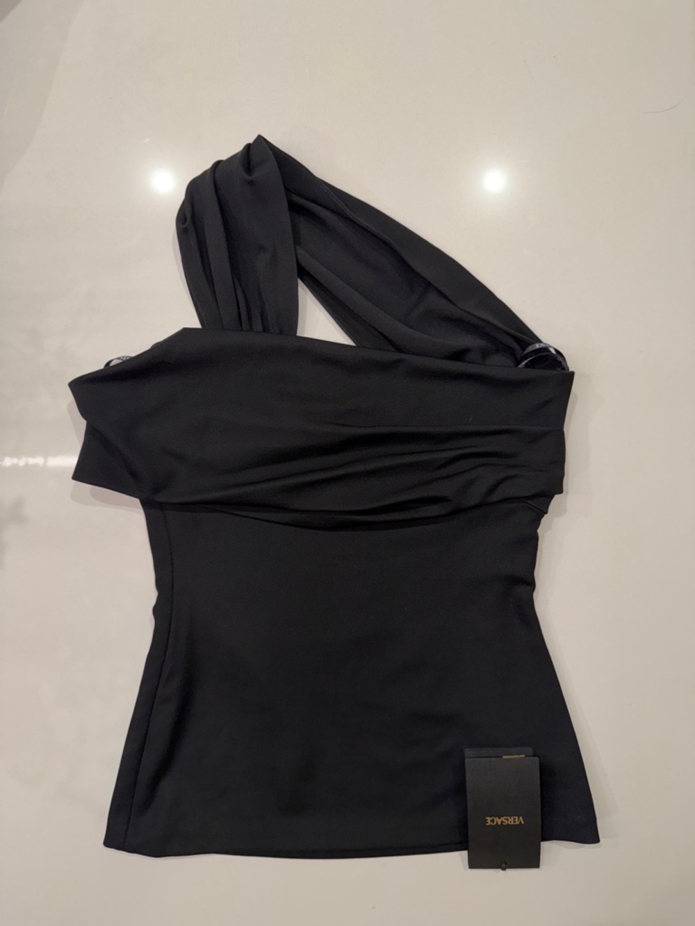 Versace NWT One Shoulder Gathered Top Black Techno Pique Stretch Size IT 36/XS - Picture 10 of 11